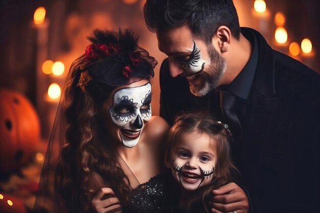 Família feliz mãe pai e filhos em trajes e maquiagem em uma celebração do Halloween