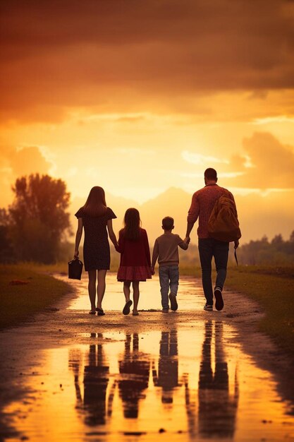 Foto família feliz mãe pai filhos filho e filha na natureza ao pôr-do-sol
