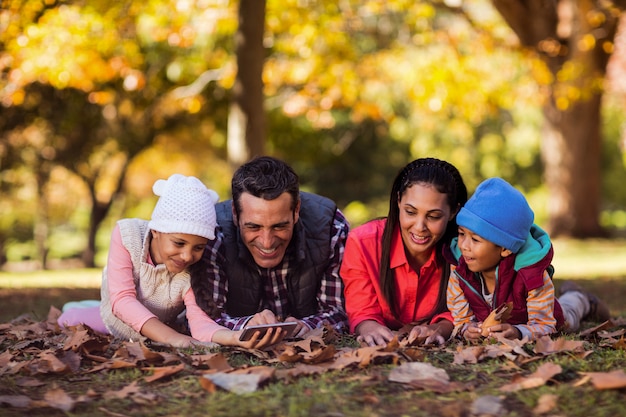 Familia feliz mirando el teléfono móvil en el parque