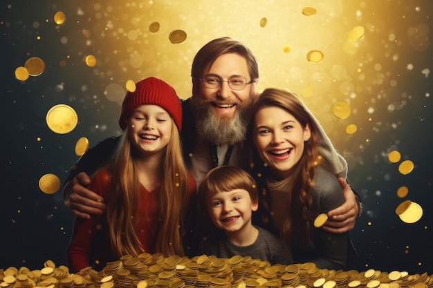 Familia feliz con monedas de oro y fondo bokeh concepto de Navidad y año nuevo