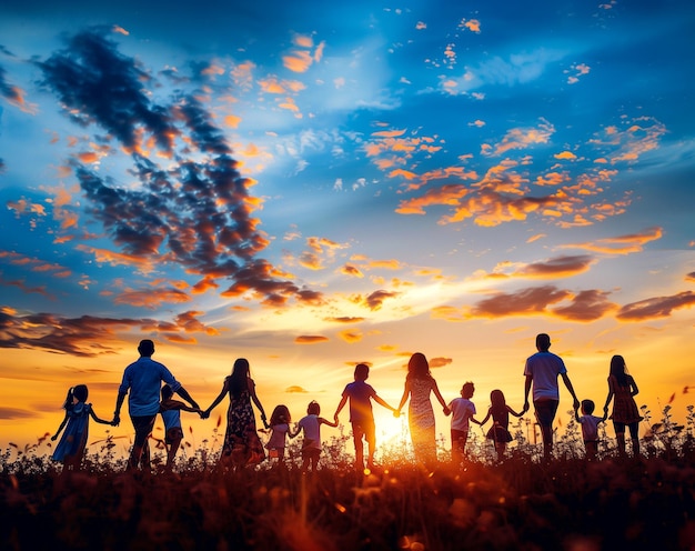 Foto familia feliz con muchos niños sosteniendo las manos en el prado durante la puesta del sol