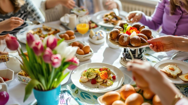 Família feliz na mesa do jantar de Páscoa com muitas refeições e ovos