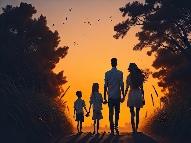 Familia feliz en la naturaleza en verano al atardecer ai generativo