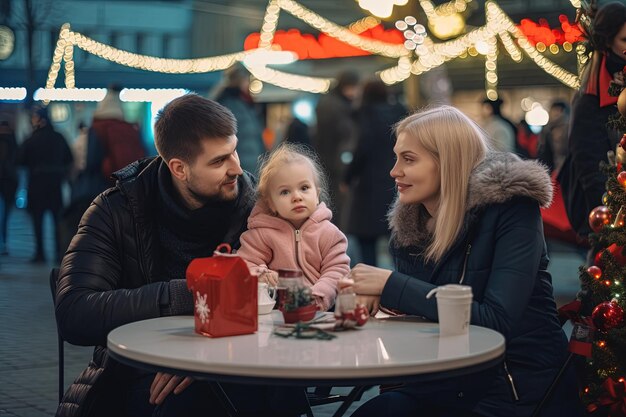 Familia feliz con un niño en un restaurante al aire libre vacaciones de invierno festivas Feliz Navidad y Feliz Año Nuevo