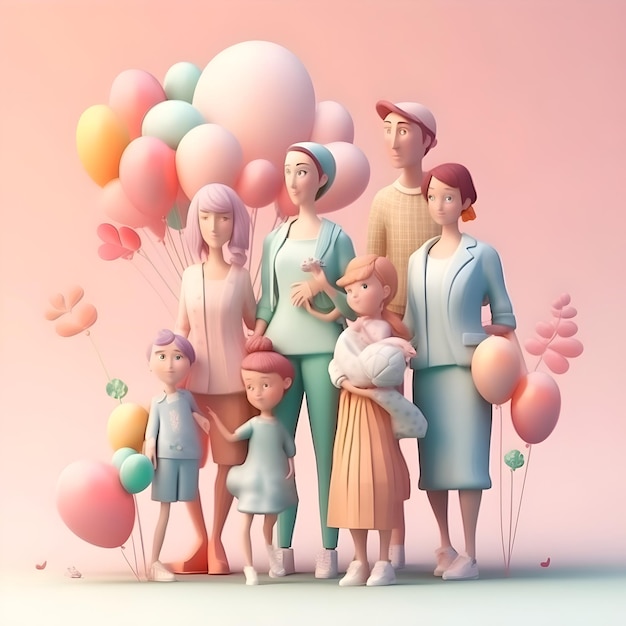 Familia feliz con niños y globos en fondo rosa renderización 3D