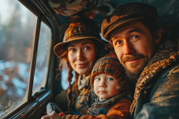 Família feliz no carro no inverno