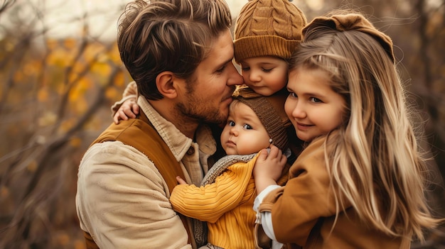 Família feliz no parque de outono Pais com dois filhos posando para uma foto Eles estão vestindo roupas quentes e parecem felizes