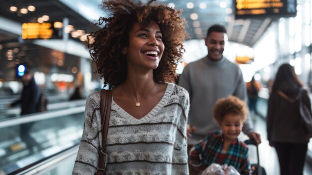 Família feliz num aeroporto