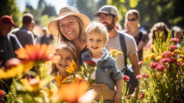 Família feliz num campo de flores