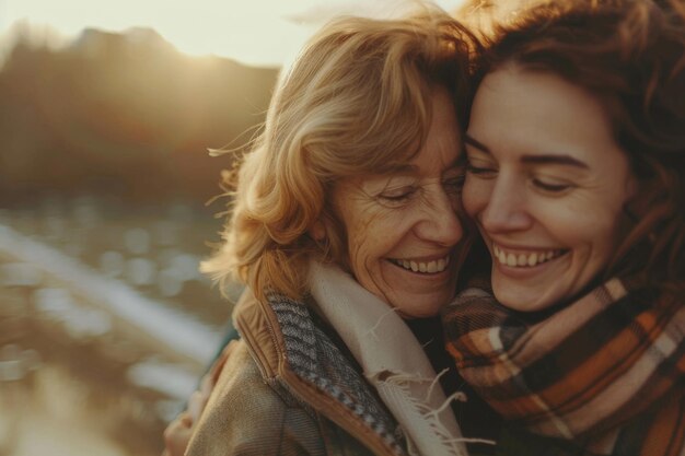 Familia feliz o sonríe con mamá e hija al aire libre en el bosque para la celebración del día de la madre de otoño