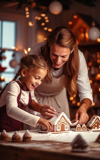 Foto familia feliz padre e hija decoran la casa de pan de jengibre de navidad juntos navidad año nuevo