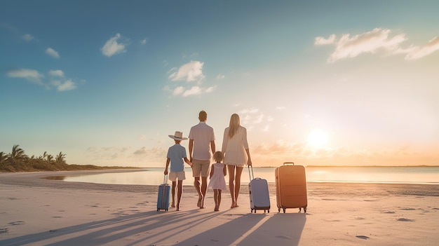 Familia feliz padre madre e hijos espaldas en la playa en seaGenerative Ai