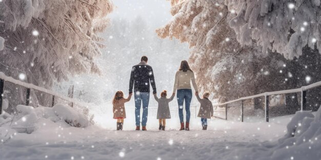 Familia feliz Padre madre e hijos se están divirtiendo y jugando en el invierno nevado caminar en la belleza de la naturaleza