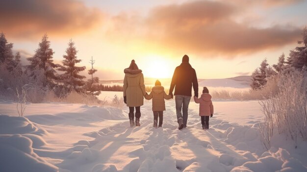 Familia feliz Padre madre e hijos se están divirtiendo y jugando en el invierno nevado caminar en la belleza de la naturaleza