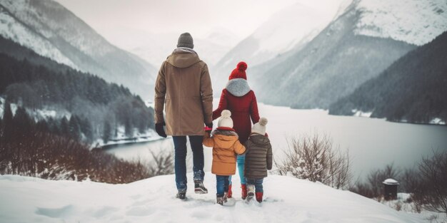 Familia feliz Padre madre e hijos se están divirtiendo y jugando en el invierno nevado caminar en la belleza de la naturaleza