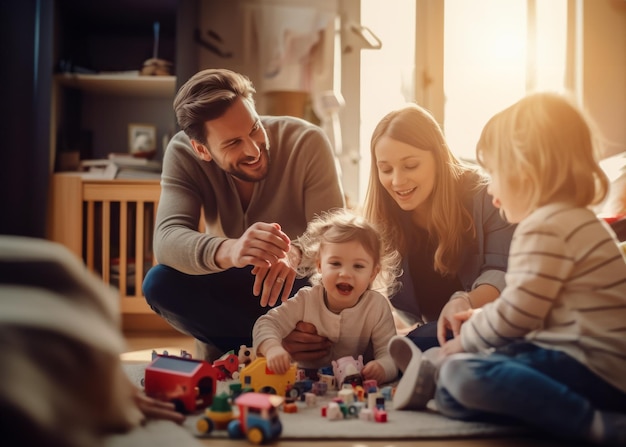 Foto familia feliz padre madre e hijos jugando juntos los padres expresan su amor a sus pequeños preescolares divirtiéndose y compartiendo momentos tiernos juntos en casa