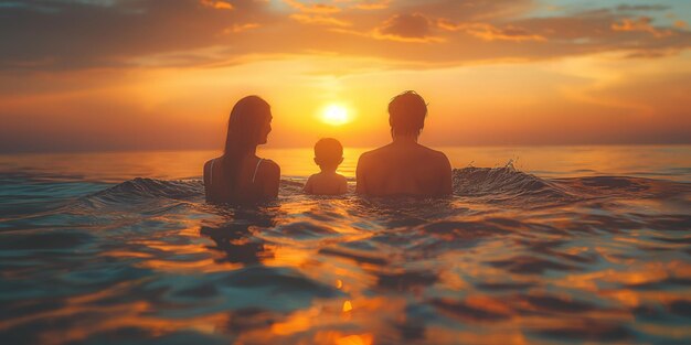 Familia feliz de padre madre y hija pequeña nadando en el mar al atardecer