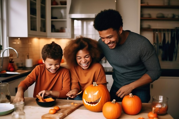 Família feliz pai e filhos estão se preparando para celebrar o Halloween fazendo decorações de férias