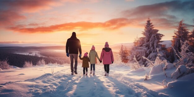 Família feliz Pai mãe e filhos estão se divertindo e brincando na neve de inverno caminhar na natureza beleza