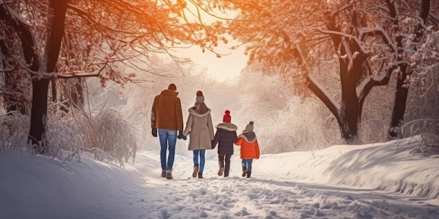 Família feliz Pai mãe e filhos estão se divertindo e brincando na neve de inverno caminhar na natureza comeliness