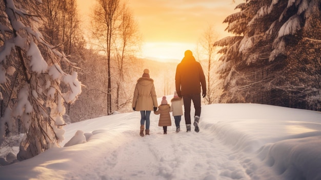 Família feliz Pai mãe e filhos estão se divertindo e brincando na neve de inverno caminhar na natureza comeliness