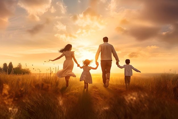 Família feliz pai mãe filho e filha desfrutando na natureza ao pôr do sol Generative Ai