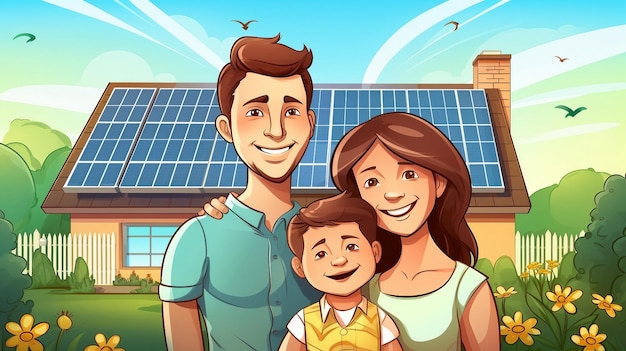 Familia feliz parada frente a una casa equipada con paneles solares, fuentes alternativas de energía