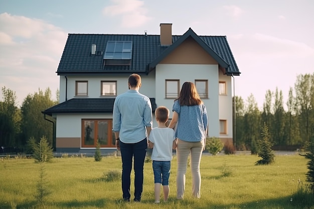 Familia feliz parada frente a su nuevo hogar IA generativa