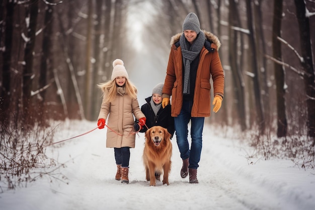 Família feliz passeando com seu animal de estimação Golden Retriever Generative AI