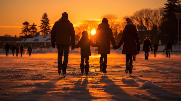 Família feliz patinação no gelo como atividade de fim de semana