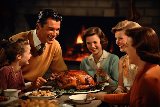 Familia feliz con pavo en la cena de Acción de Gracias fiesta en la chimenea en casa Familia teniendo una cena de Acción de Gracias juntos estilo retro de los años 50 AI generado