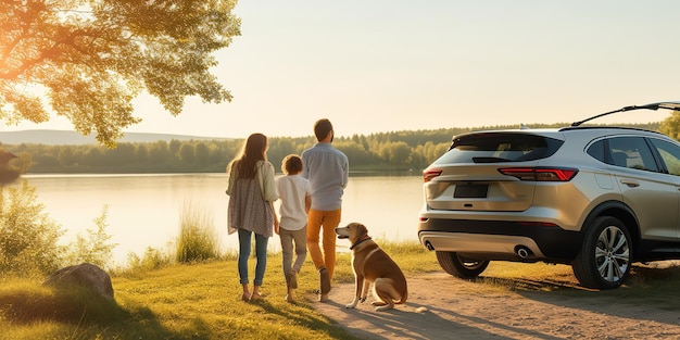 Foto familia feliz y perro cerca del coche en la calle familia viajando con una mascota