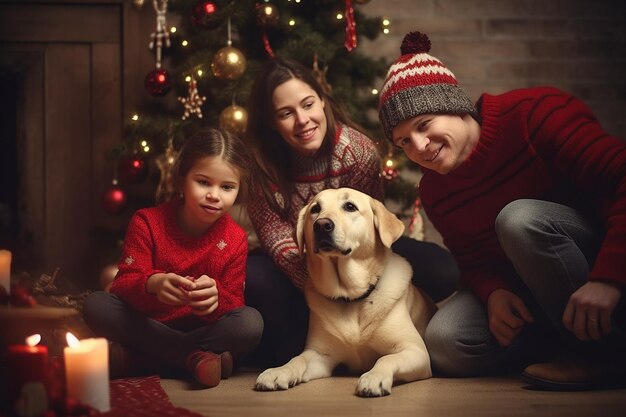 Foto una familia feliz con un perro en la víspera de navidad