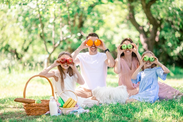 Familia feliz en un picnic en el parque en un día soleado