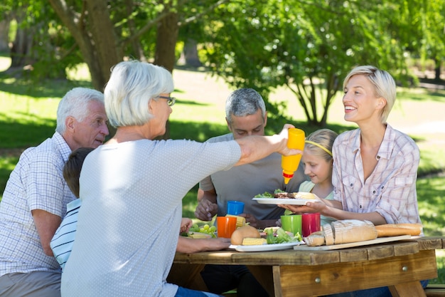 Familia feliz con picnic en el parque