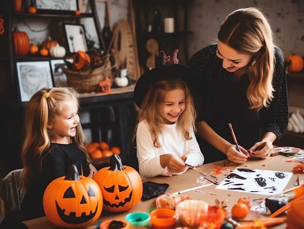 familia feliz pintando y divirtiéndose en trajes de maquillaje en una celebración de Halloween