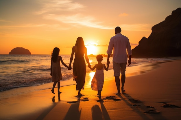 Familia feliz en la playa al atardecer Concepto de vacaciones y viajes familiares Una familia feliz en caminatas de mano en mano por una playa paradisíaca durante el atardecer Generado por IA