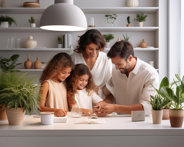 Familia feliz preparando comida saludable en la cocina juntos