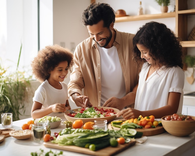 Foto familia feliz preparando comida saludable en la cocina juntos