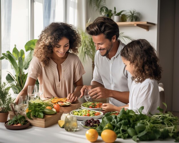 Familia feliz preparando comida saludable en la cocina juntos