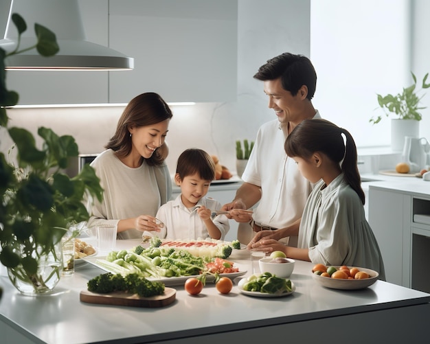 Familia feliz preparando comida saludable en la cocina juntos