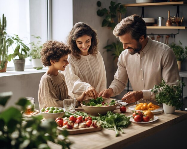 Familia feliz preparando comida saludable en la cocina juntos