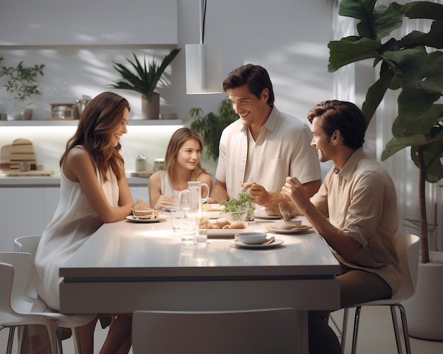 Família feliz preparando comida saudável na cozinha juntos