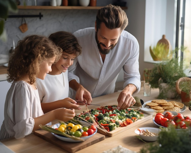 Família feliz preparando comida saudável na cozinha juntos