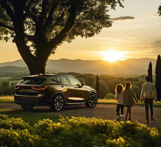 Familia feliz preparándose para las vacaciones cargando su coche eléctrico