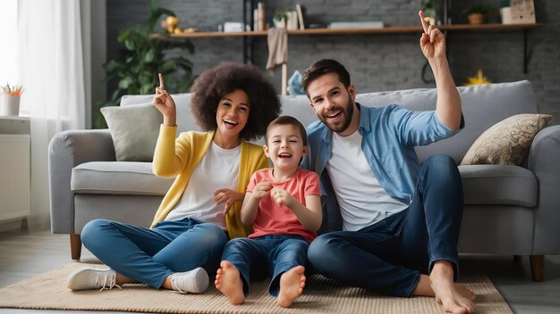 Foto familia feliz relajándose en el suelo y divirtiéndose juntos en la sala de estar