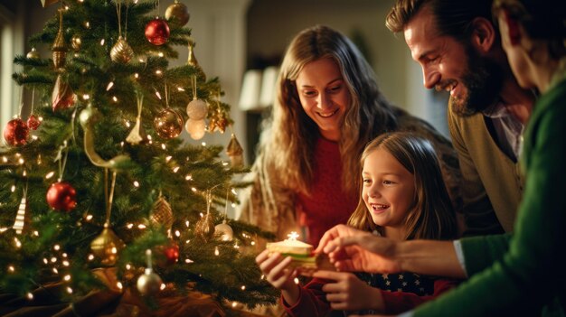 Foto família feliz reunida em torno de uma árvore de natal lindamente decorada