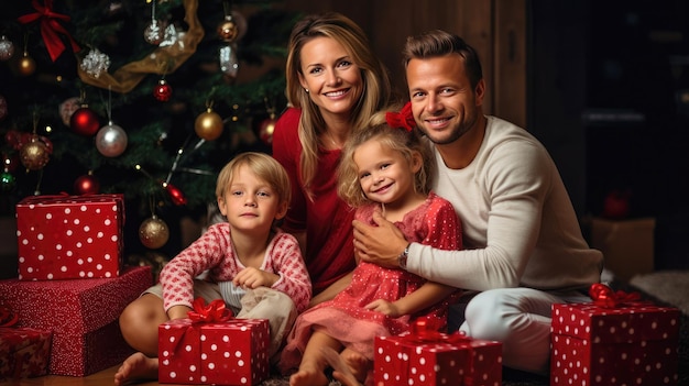 Familia feliz reunida con regalos de Navidad en el suelo de casa