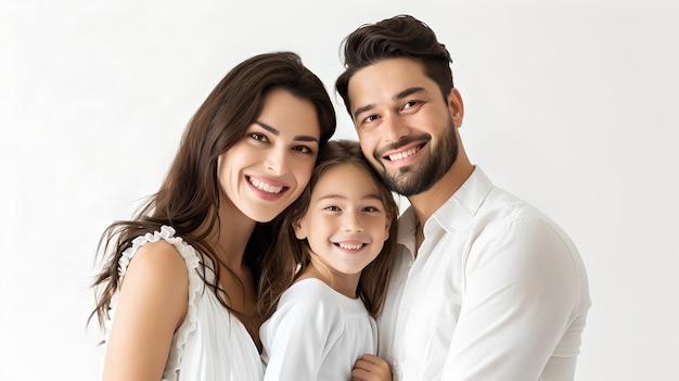 Familia feliz con ropa casual posando juntos Padres sonrientes con hijos abrazados sobre un fondo blanco Retratos expresivos Vínculos familiares Concepto de IA