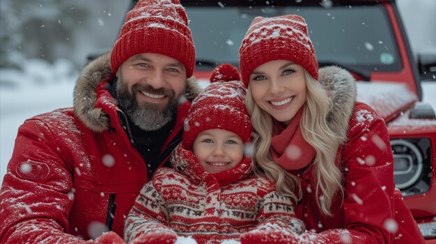 Familia feliz en ropa de invierno disfrutando de la nieve al aire libre con suv rojo